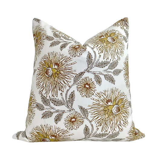 Modern Floral Pillow Cover in Tumeric Bloom | Organic Modern | Block Print Inspired | Available in Lumbar, Bolster, Throw, Euro Sham Sizes