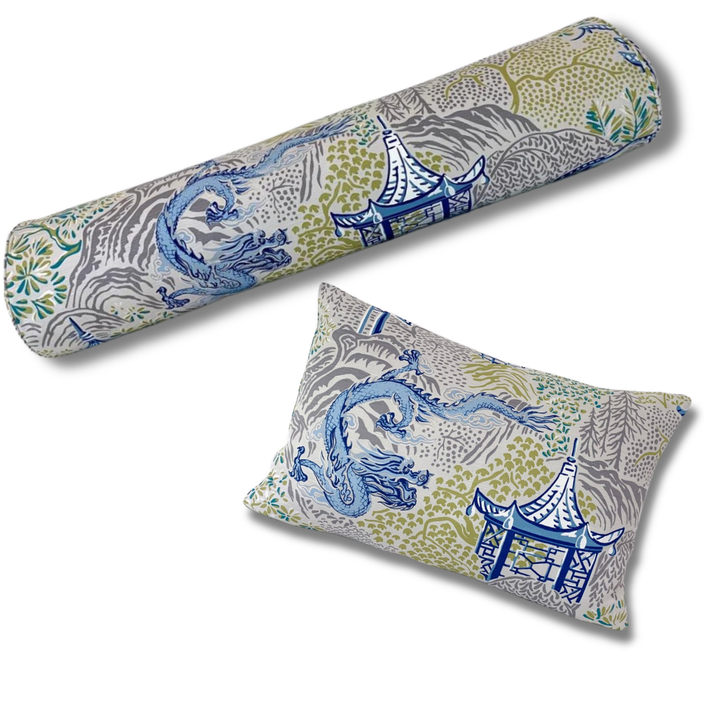Vern Yip Pagodas Dragon Chinoiserie Pillow Cover in Cobalt - Available in Lumbar, Throw, Bolster, Euro Sham Sizes
