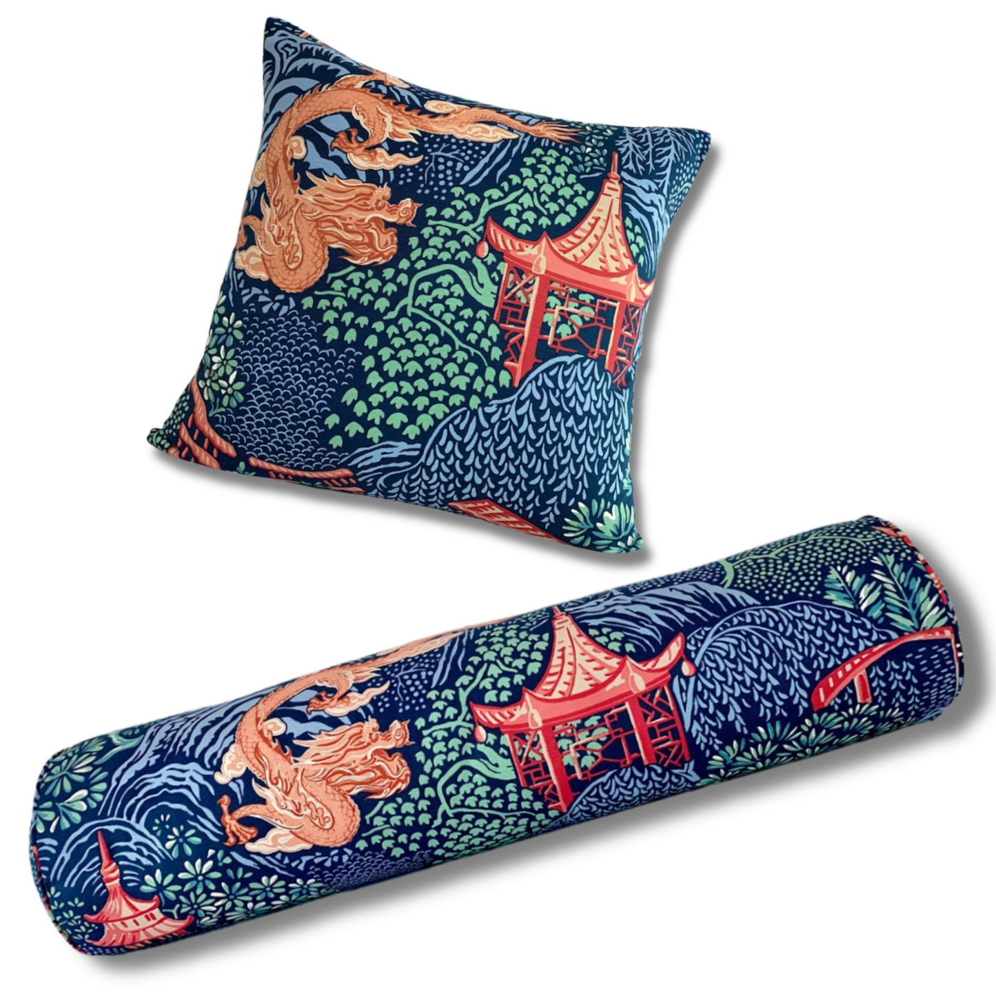 Vern Yip Pagodas Dragon Chinoiserie Pillow Cover in Navy - Available in Lumbar, Bolster, Throw, Euro Sham Sizes