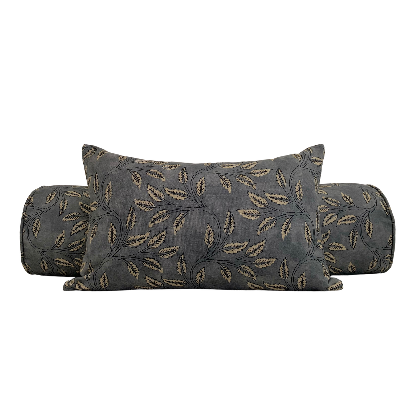 Botanical Foliage Pillow Cover in Charcoal | Organic Modern Decor | Block Print Inspired | Available in Lumbar, Bolster, Throw, Euro Sham Sizes