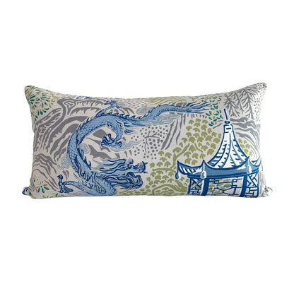 Vern Yip Pagodas Dragon Chinoiserie Pillow Cover in Cobalt - Available in Lumbar, Throw, Bolster, Euro Sham Sizes