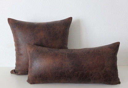 Modern West Texas Faux Leather Pillow Cover in Cocoa Brown / Available in Lumbar, Bolster, Throw, Euro Sham Sizes