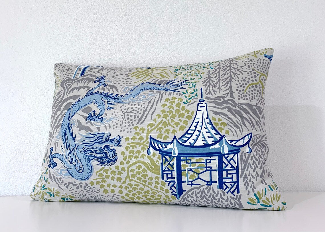Vern Yip Pagodas Dragon Chinoiserie Pillow Cover in Cobalt - Available in Lumbar, Throw, Bolster, Euro Sham Sizes