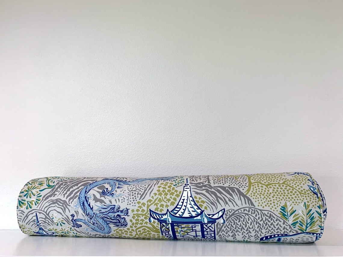 Vern Yip Pagodas Dragon Chinoiserie Pillow Cover in Cobalt - Available in Lumbar, Throw, Bolster, Euro Sham Sizes