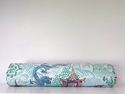 Vern Yip Pagodas Dragon Chinoiserie Pillow Cover in Aqua - Available in Throw, Lumbar, Bolster, Euro Sizes