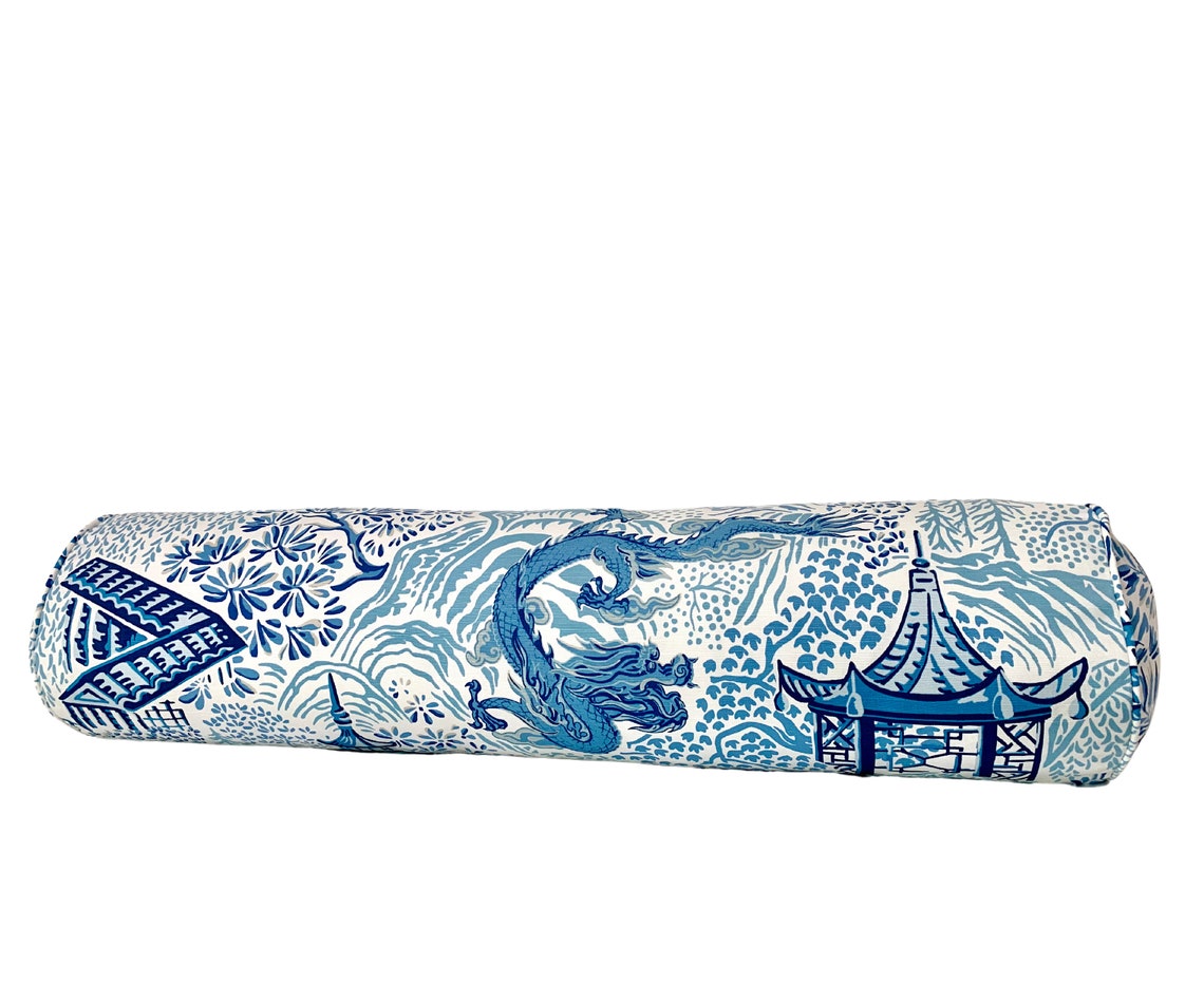 Vern Yip Pagodas Dragon Pillow Cover in Classic Blue - Modern Chinoiserie Blue White Asian Dragon - Available in Bolster, Lumbar, Throw, Euro Sham Sizes