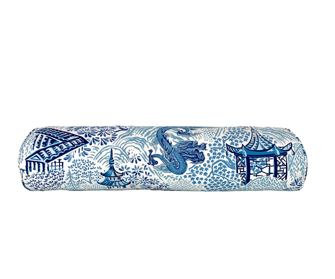 Vern Yip Pagodas Dragon Pillow Cover in Classic Blue - Modern Chinoiserie Blue White Asian Dragon - Available in Bolster, Lumbar, Throw, Euro Sham Sizes
