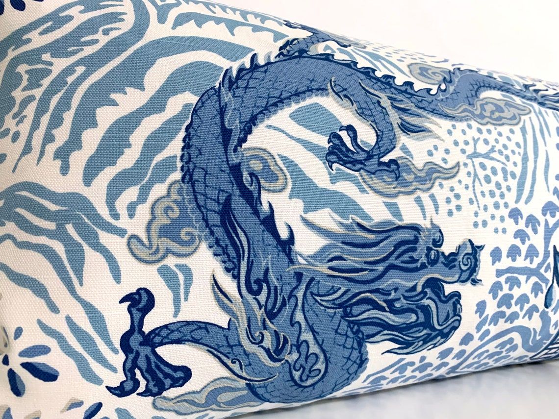Vern Yip Pagodas Dragon Pillow Cover in Classic Blue - Modern Chinoiserie Blue White Asian Dragon - Available in Bolster, Lumbar, Throw, Euro Sham Sizes