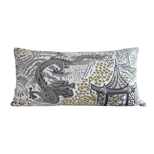 Authentic Vern Yip Pagodas Dragon Pillow Cover in Grey - Modern Chinoiserie Pillow Cover - Available in Bolster, Lumbar, Euro Sham Sizes
