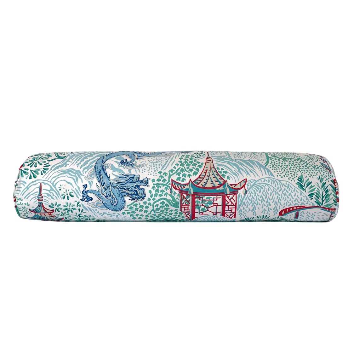 Vern Yip Pagodas Dragon Chinoiserie Pillow Cover in Aqua - Available in Throw, Lumbar, Bolster, Euro Sizes