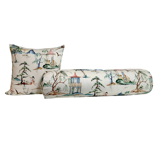 Chinoiserie Asian Toile Okayama Pillow Cover in Flax - Available in Bolster, Lumbar, Throw, and Euro Sham Cover