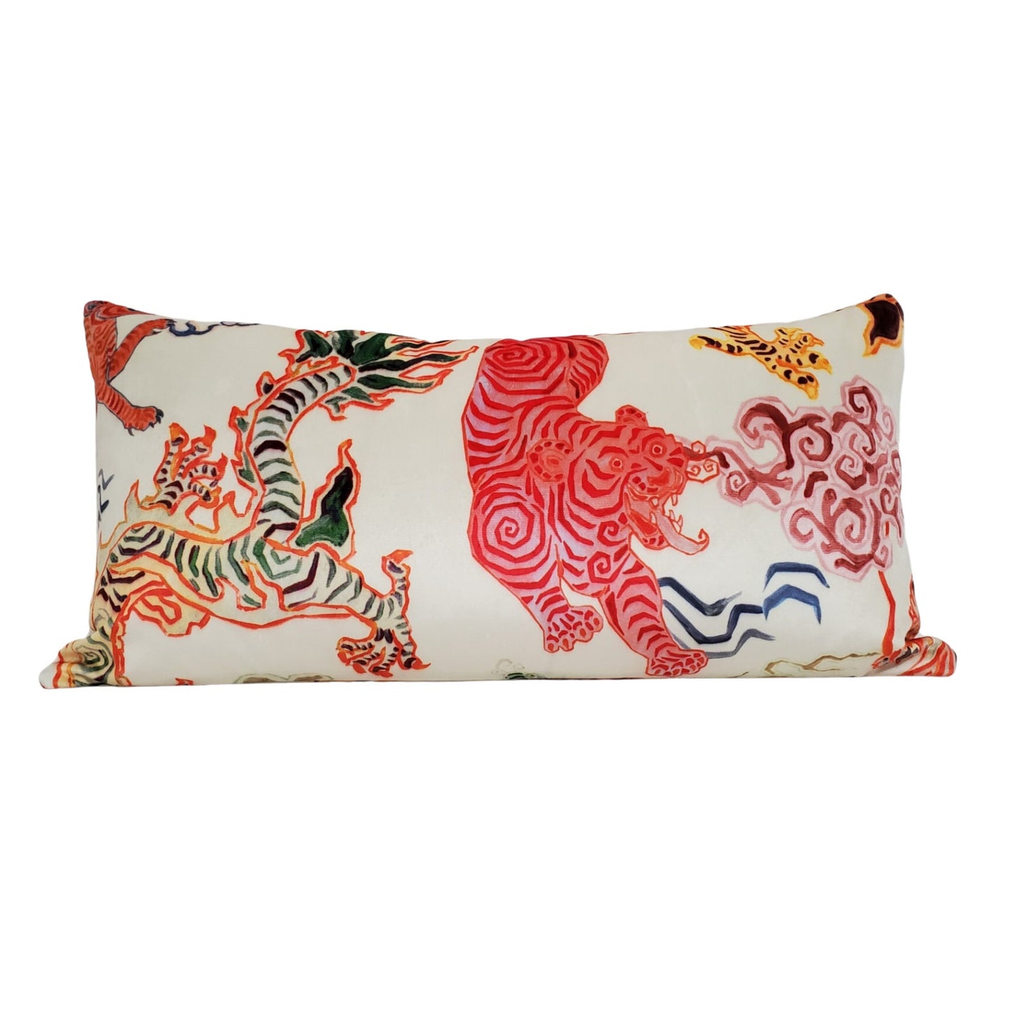 Modern Chinoiserie - Tibetan Tiger and Asian Dragon Velvet Pillow Cover - Available in Bolster, Lumbar, Throw, Euro Sham Sizes