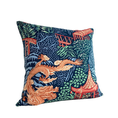 Vern Yip Pagodas Dragon Chinoiserie Pillow Cover in Navy - Available in Lumbar, Bolster, Throw, Euro Sham Sizes