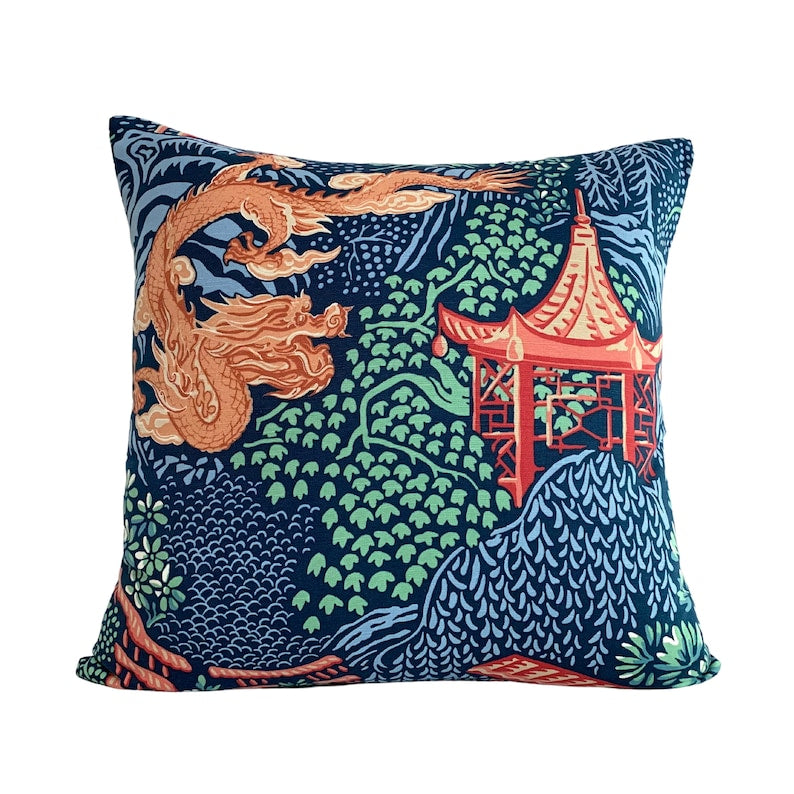 Vern Yip Pagodas Dragon Chinoiserie Pillow Cover in Navy - Available in Lumbar, Bolster, Throw, Euro Sham Sizes