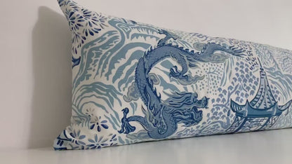 Vern Yip Pagodas Dragon Pillow Cover in Classic Blue - Modern Chinoiserie Blue White Asian Dragon - Available in Bolster, Lumbar, Throw, Euro Sham Sizes