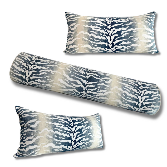 Authentic Vern Yip Indigo Tiger Bengal Linen Pillow Cover - Available in Bolster, Lumbar, Throw, Euro Sham Sizes