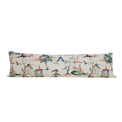 30% off Chinoiserie Okayama in Flax Extra Lumbar Pillow Cover - 14x48 Long Lumbar Bed Pillow