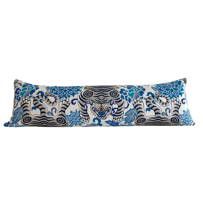 30% off  Classic Blue Tibetan Tiger Skin Motif Lumbar Pillow Cover- 14x48 Extra Long Lumbar Bed Pillow