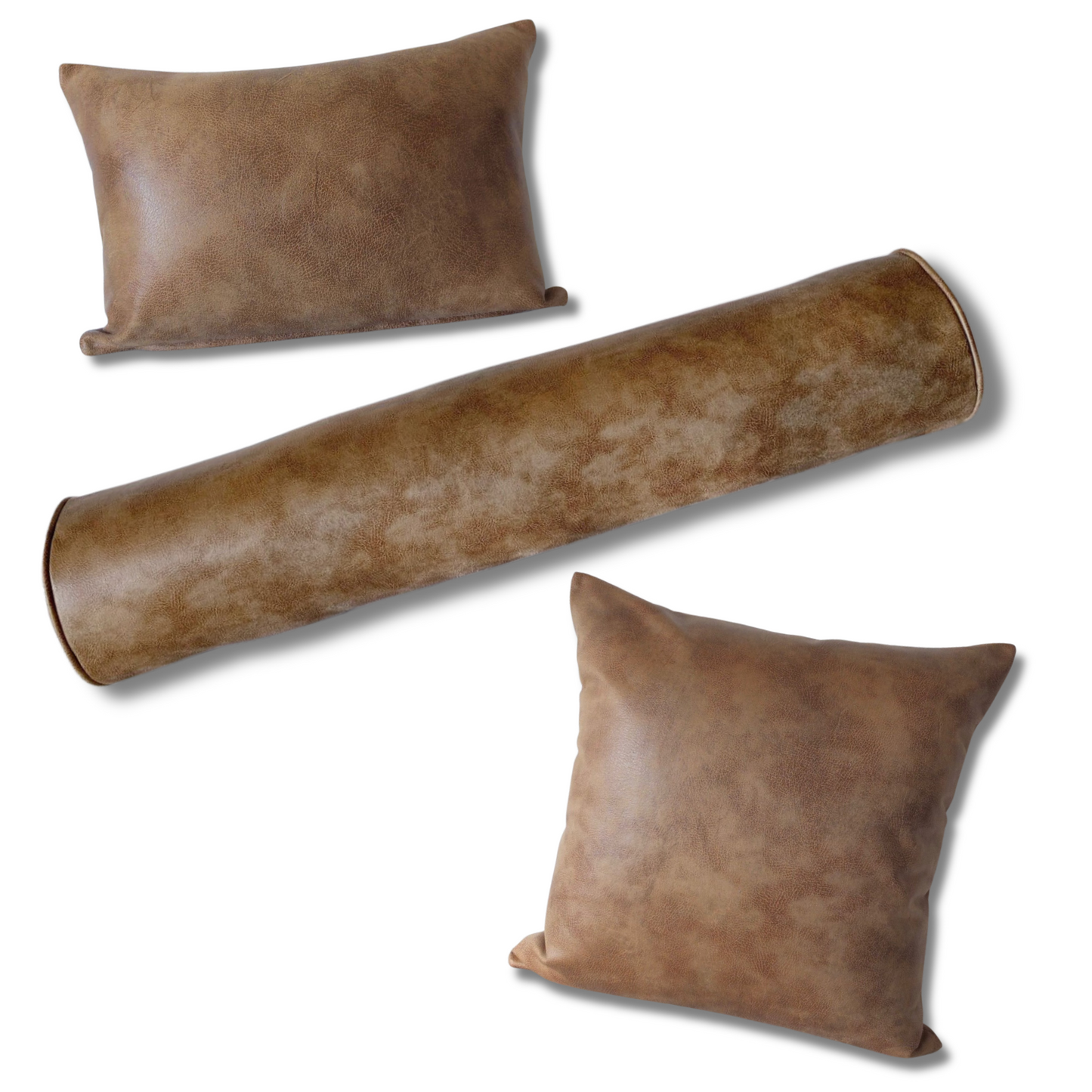 Modern West Texas Faux Leather Bolster Pillow Cover in Vintage Tan - Available in Lumbar, Throw, Bolster, Euro Sham Sizes