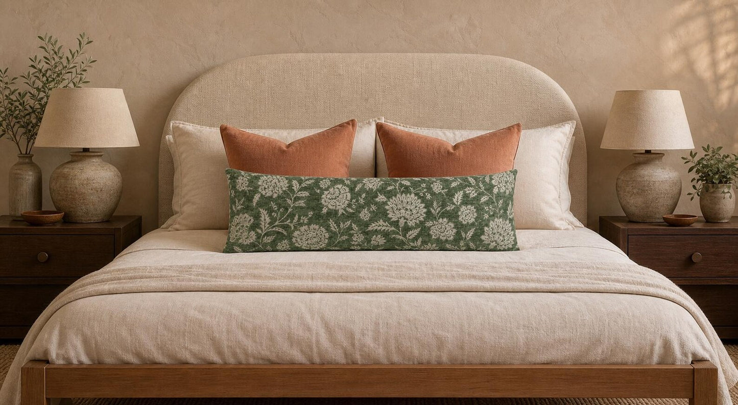 Botanical Green Floral Pillow Cover - Lumbar, Throw, Bolster, & Euro Sham