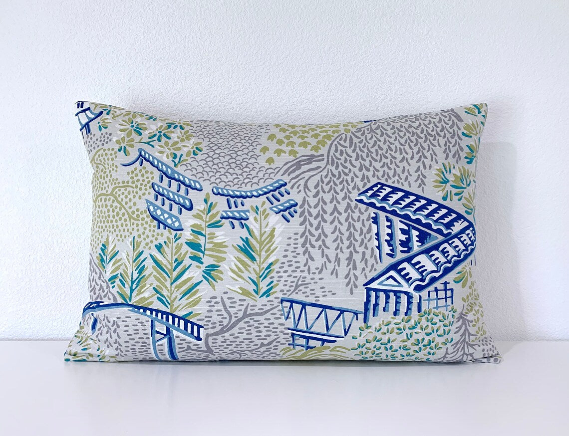 Vern Yip Pagodas Dragon Chinoiserie Pillow Cover in Cobalt - Available in Lumbar, Throw, Bolster, Euro Sham Sizes