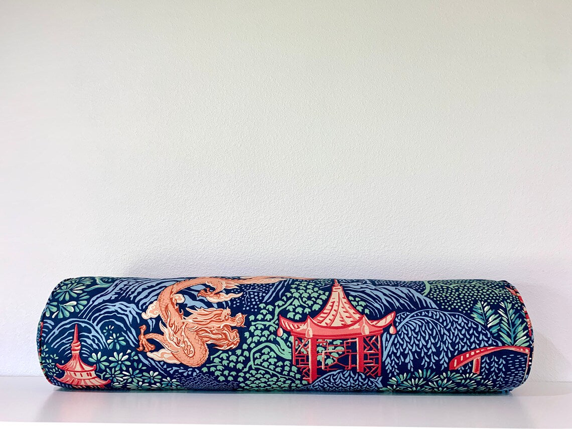 Vern Yip Pagodas Dragon Chinoiserie Pillow Cover in Navy - Available in Lumbar, Bolster, Throw, Euro Sham Sizes