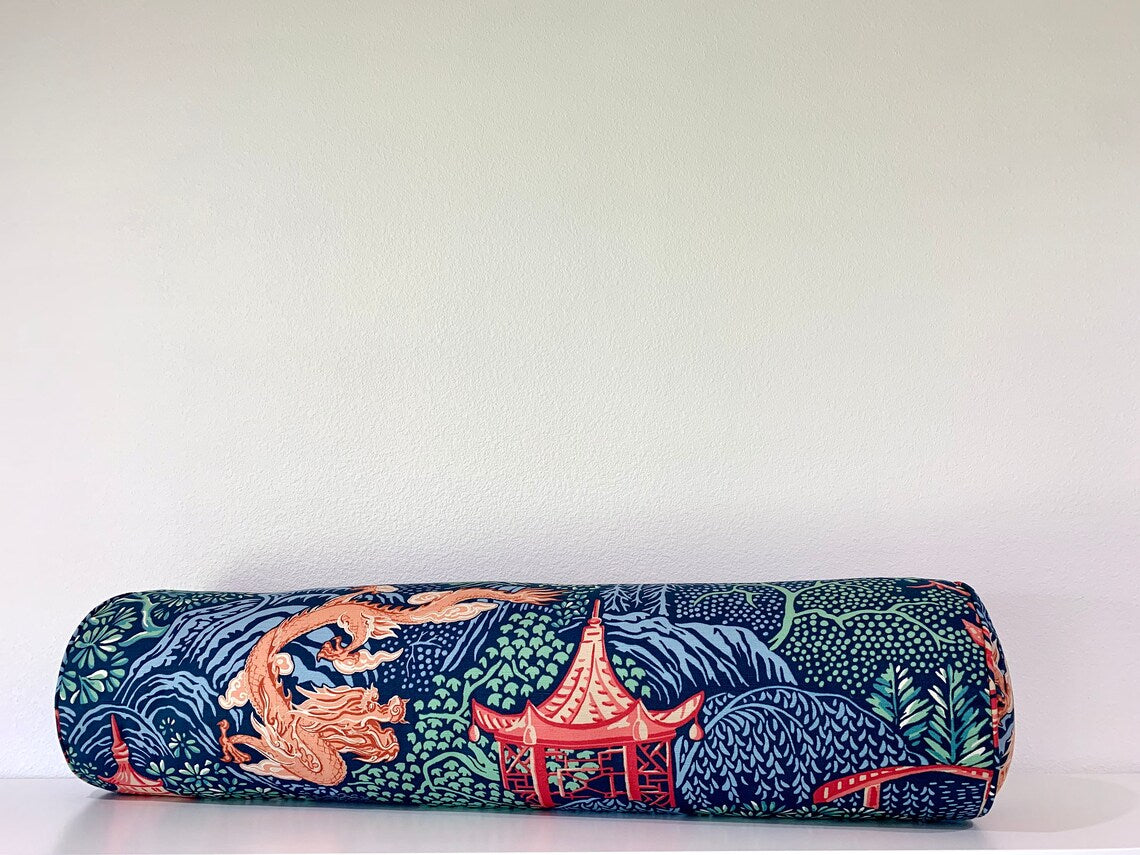 Vern Yip Pagodas Dragon Chinoiserie Pillow Cover in Navy - Available in Lumbar, Bolster, Throw, Euro Sham Sizes