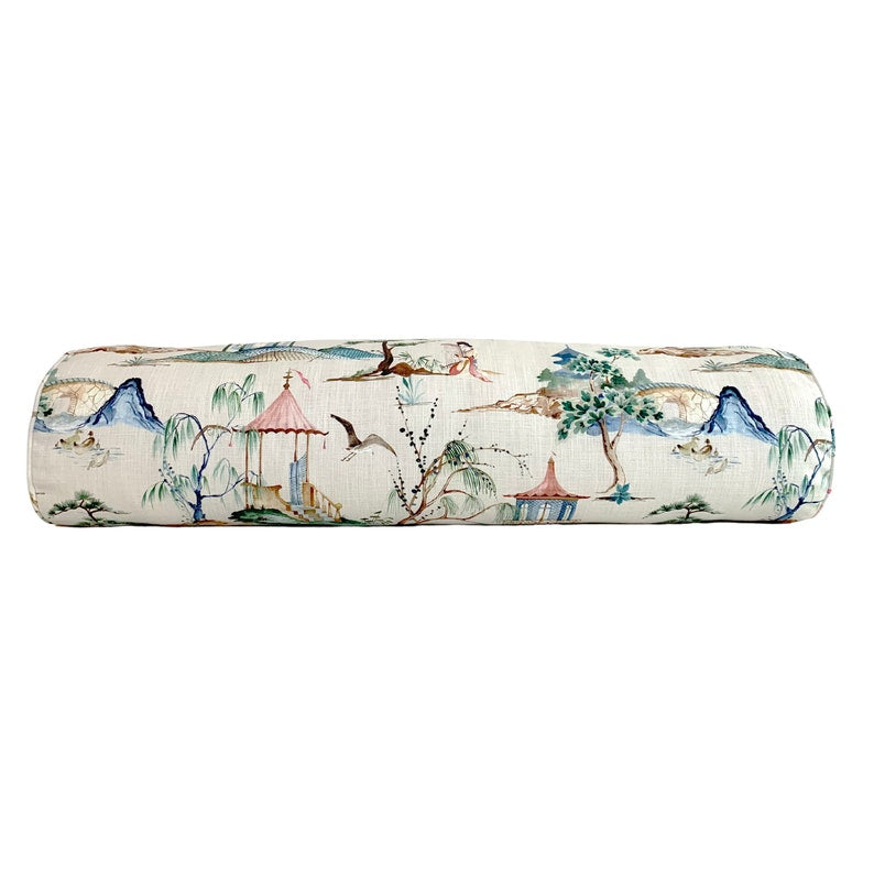 Chinoiserie Asian Toile Okayama Pillow Cover in Flax - Available in Bolster, Lumbar, Throw, and Euro Sham Cover