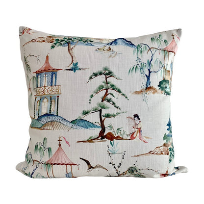 Chinoiserie Asian Toile Okayama Pillow Cover in Flax - Available in Bolster, Lumbar, Throw, and Euro Sham Cover