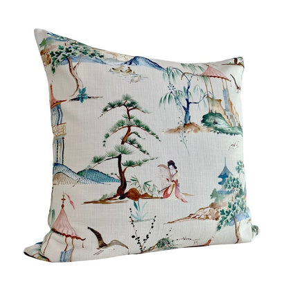 Chinoiserie Asian Toile Okayama Pillow Cover in Flax - Available in Bolster, Lumbar, Throw, and Euro Sham Cover