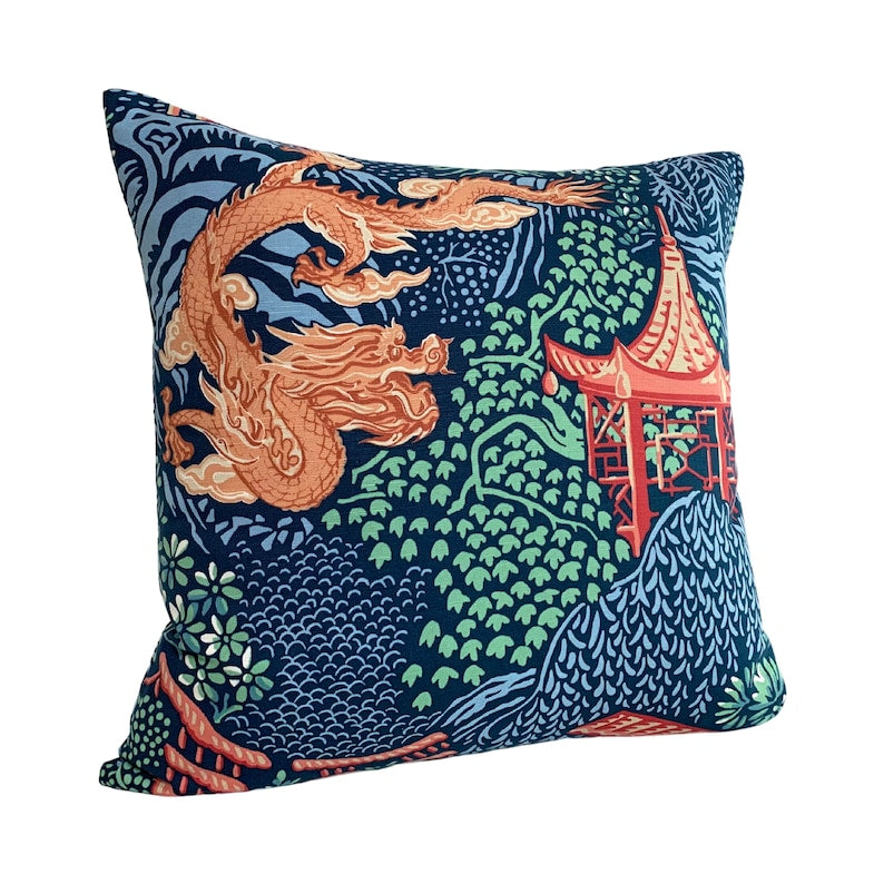 Vern Yip Pagodas Dragon Chinoiserie Pillow Cover in Navy - Available in Lumbar, Bolster, Throw, Euro Sham Sizes