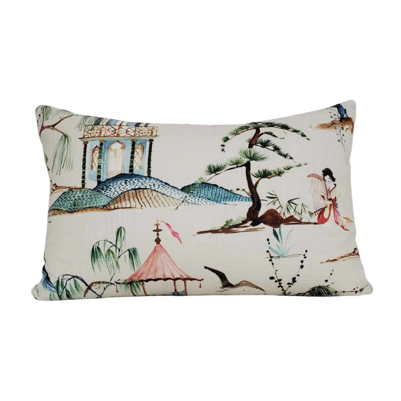 Chinoiserie Asian Toile Okayama Pillow Cover in Flax - Available in Bolster, Lumbar, Throw, and Euro Sham Cover