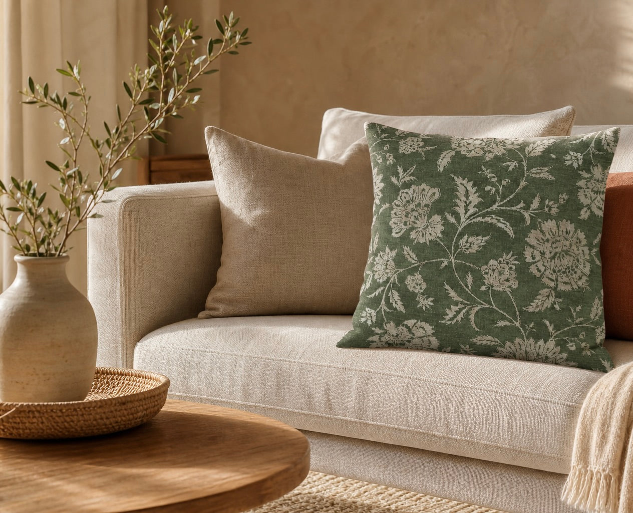 Botanical Green Floral Pillow Cover - Lumbar, Throw, Bolster, & Euro Sham